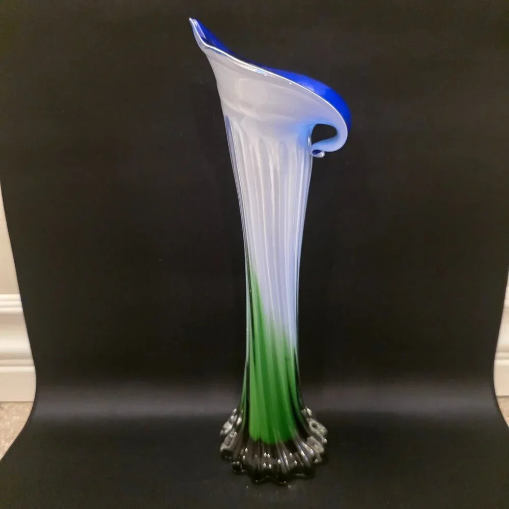Blue White Green Murano Style Calla Lily Jack Pulpit Vase Art Hand Blown Glass
